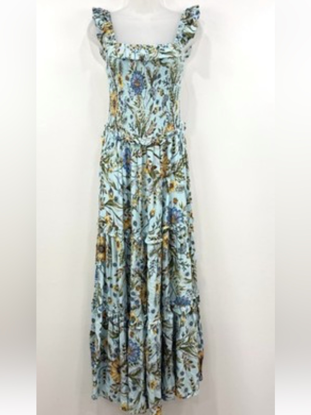 ABEL THE LABEL
FLORAL SMOCKED TIERED
RUFFLE OFF SHOULDER
MAXI DRESS SIZE S. EUC
